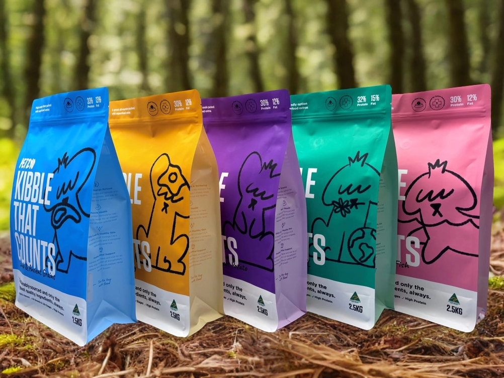 Sacos de fundo plano colorido para embalagem de alimentos para animais de estima&ccedil;&atilde;o